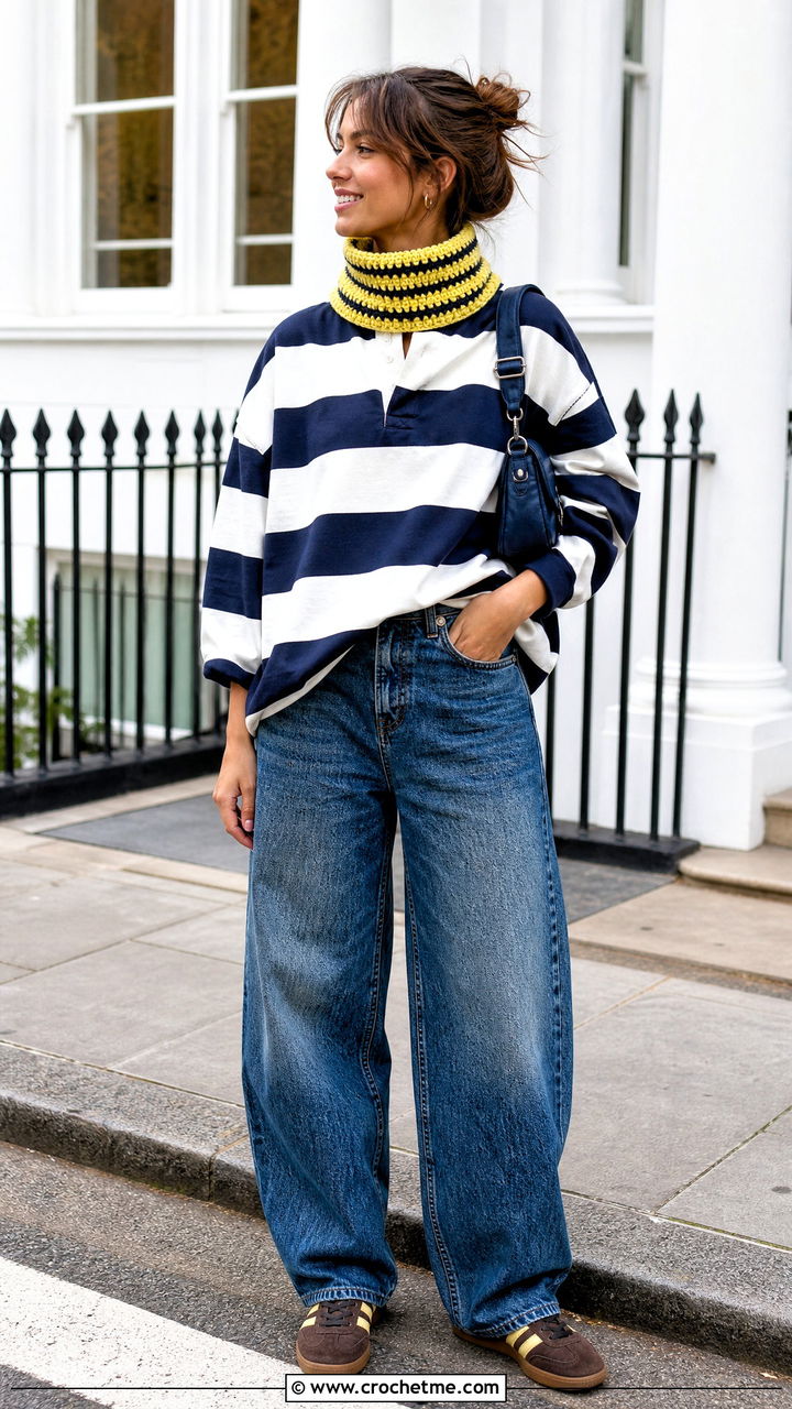 Striped Crochet Cowl With Rugby Shirt - 35 crochet cowls outfit ideas