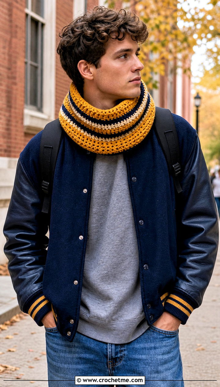 Striped Crochet Cowl With Varsity Jacket - 25 Men Crochet Cowl outfit ideas