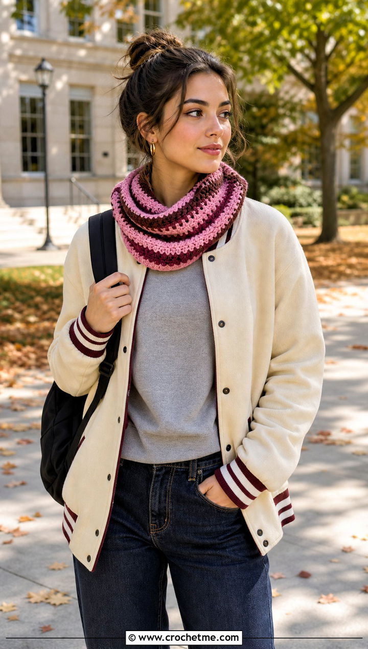 Striped Crochet Cowl With Varsity Jacket - 25 cowl crochet scarf outfit ideas