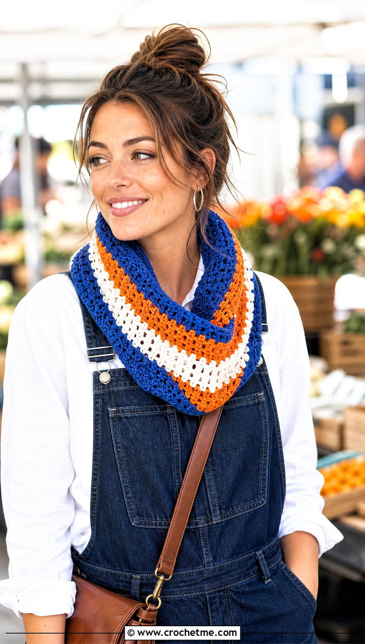 Striped Crochet Cowl With White Shirt And Denim Overalls - 35 crochet neck warmer cowls outfit ideas