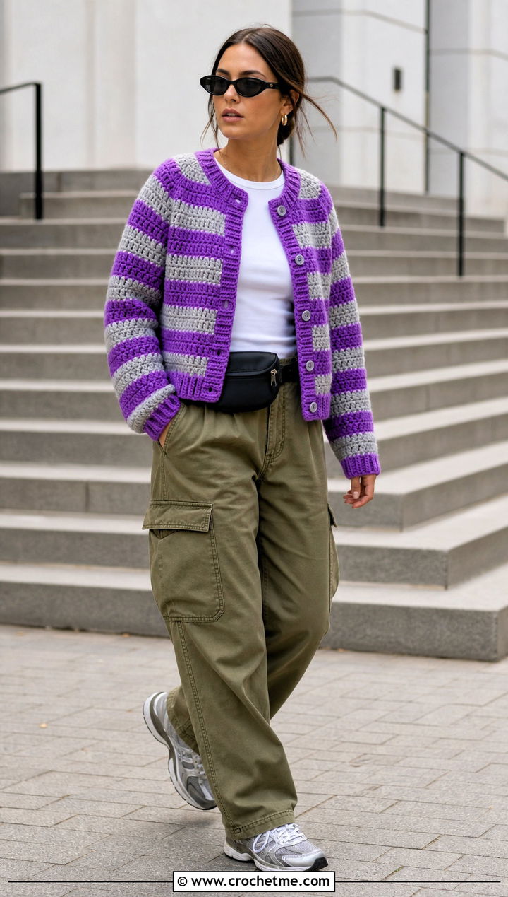 Striped Crochet Crew Neck Cardigan With Cargo Pants - 20 crochet crew neck cardigan outfit ideas