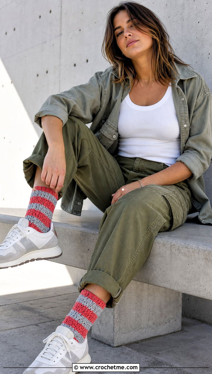 Striped Crochet Crew Socks With Cargo Pants And Sneakers - 25 Quick Crochet Socks outfit ideas