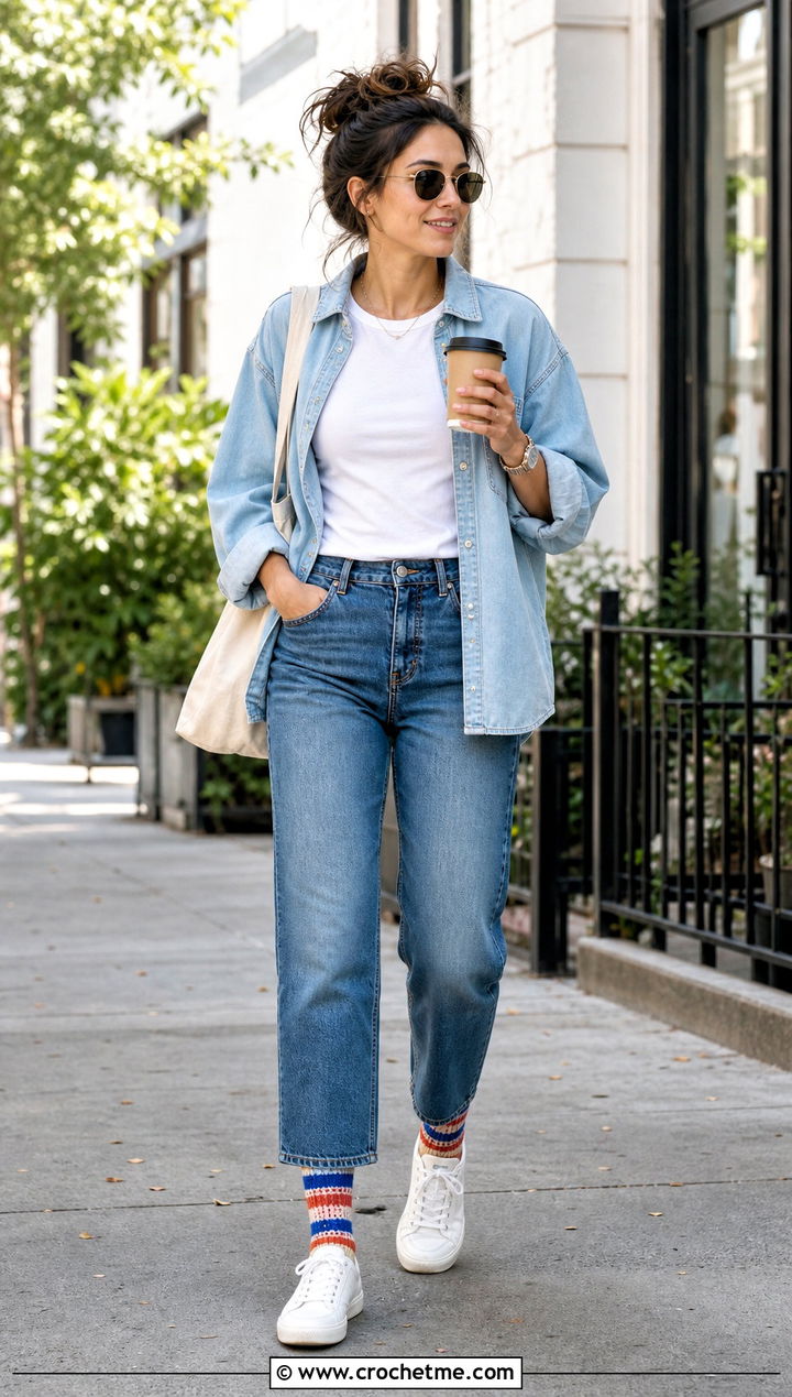 Striped Crochet Crew Socks With Straight Jeans - 35 crochet sock outfit ideas