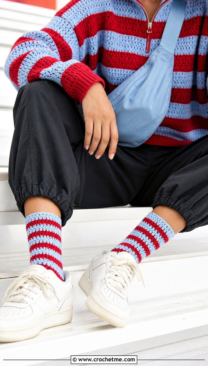 Striped Crochet Crew Socks With Track Pants - 35 easy crocheted socks outfit ideas