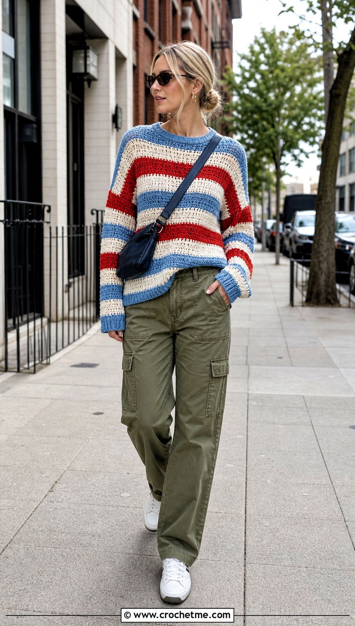 Striped Crochet Crewneck Sweater With Cargo Pants - 35 diy crochet sweater outfit ideas