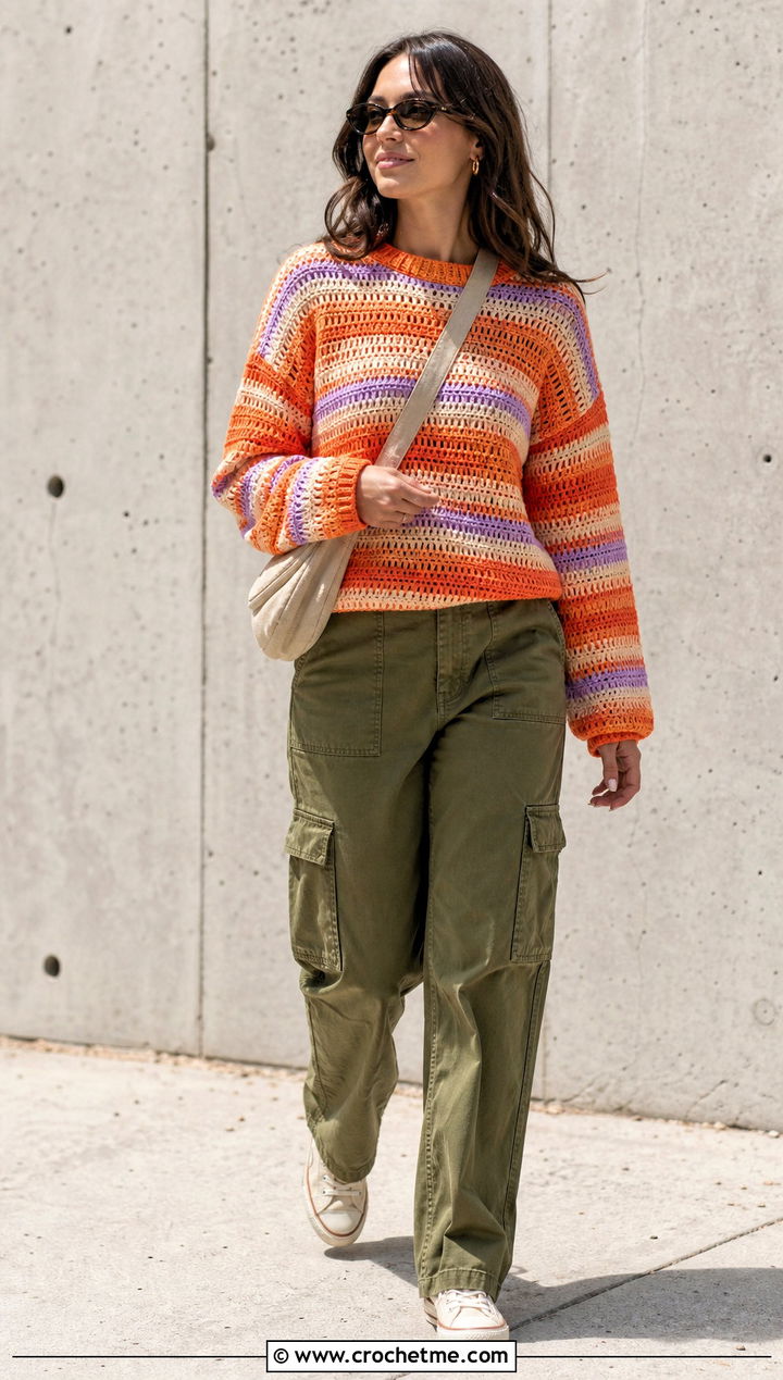 Striped Crochet Crewneck Sweater With Cargo Pants - 15 Crochet For Ladies Sweaters outfit ideas