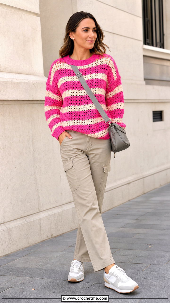 Striped Crochet Crewneck Sweater With Cargo Pants - 35 crochet sweater design for women outfit ideas