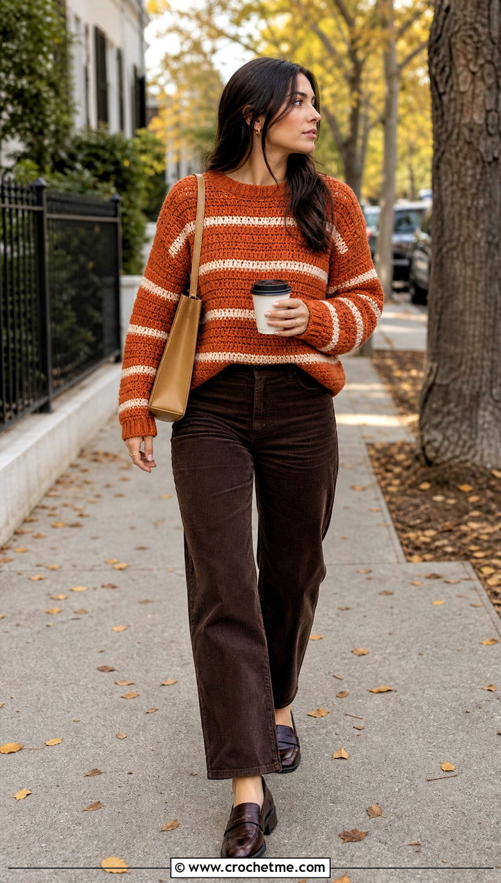 Striped Crochet Crewneck Sweater With Corduroy Pants - 30 fall crochet sweaters outfit ideas
