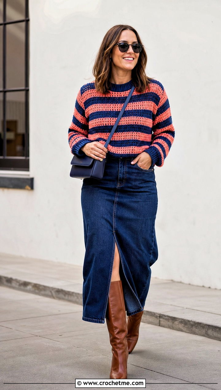 Striped Crochet Crewneck Sweater With Denim Maxi Skirt - 20 Autumn Crochet Sweater outfit ideas