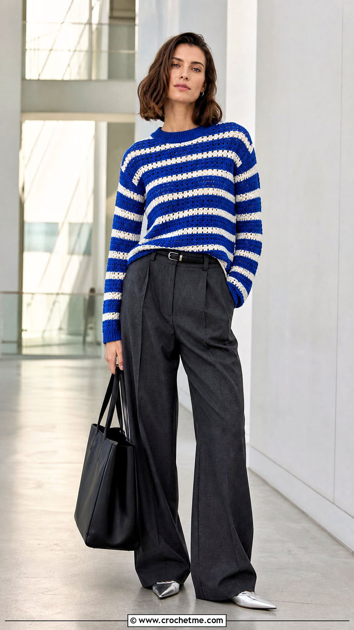 Striped Crochet Crewneck Sweater With Wide Leg Trousers - 35 colorful crochet sweater outfit ideas