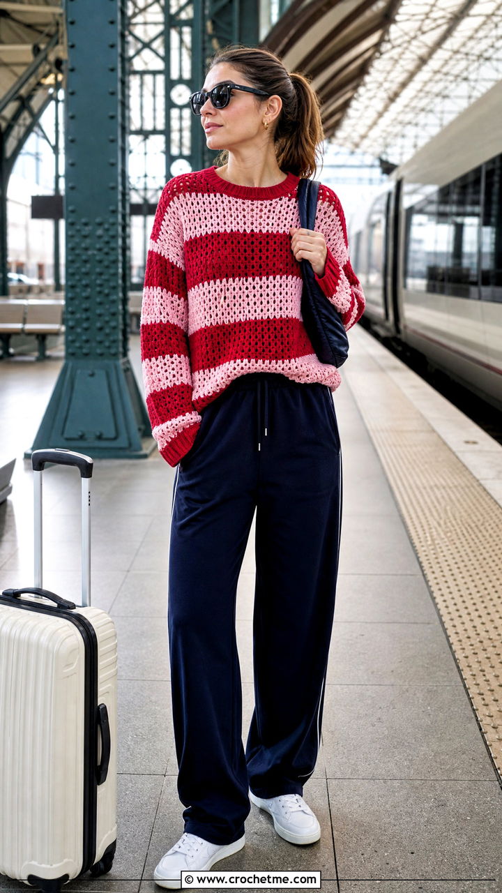 Striped Crochet Crewneck Top With Track Pants - 35 crocheted tops outfit ideas