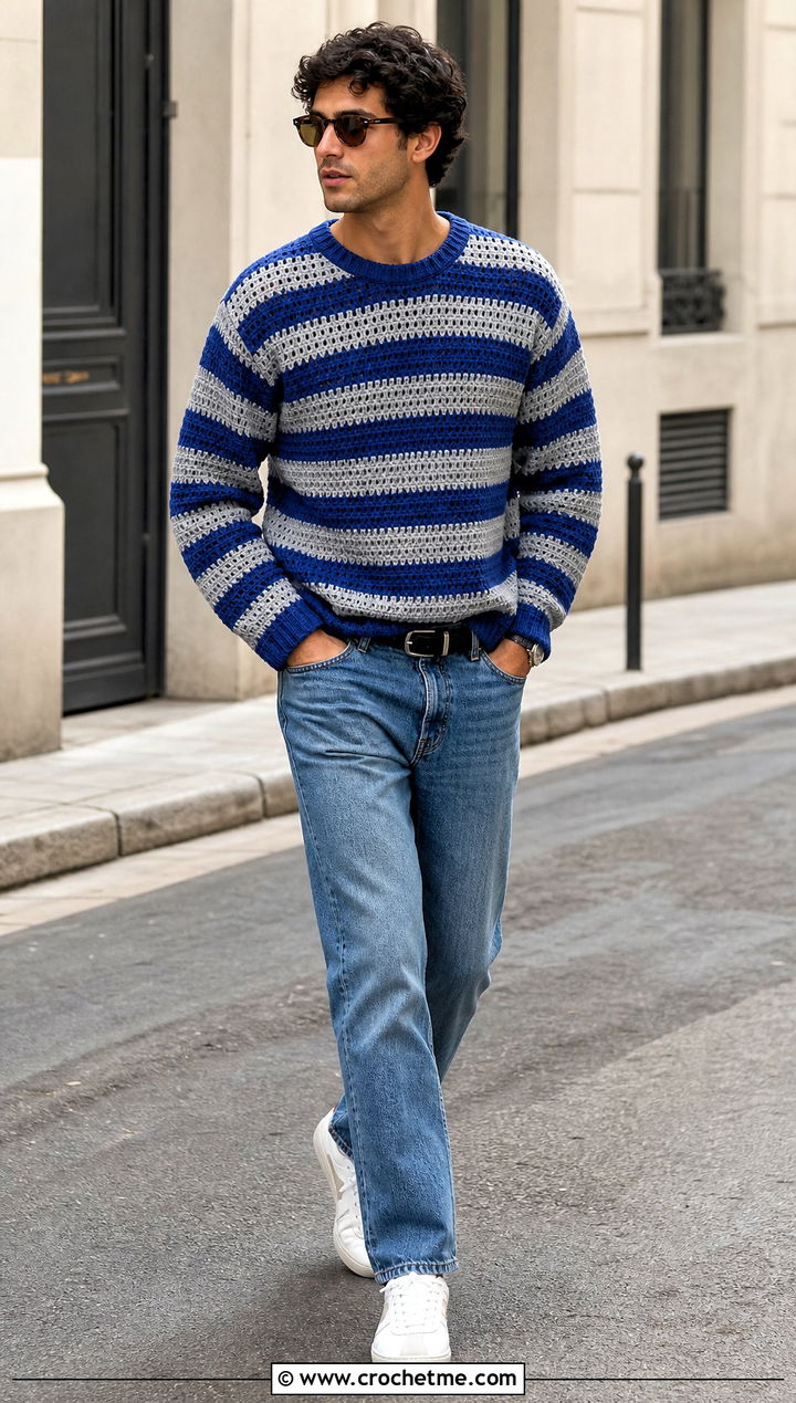Striped Crochet Crewneck With Straight Jeans - 25 Crochet Men Clothing and outfit ideas