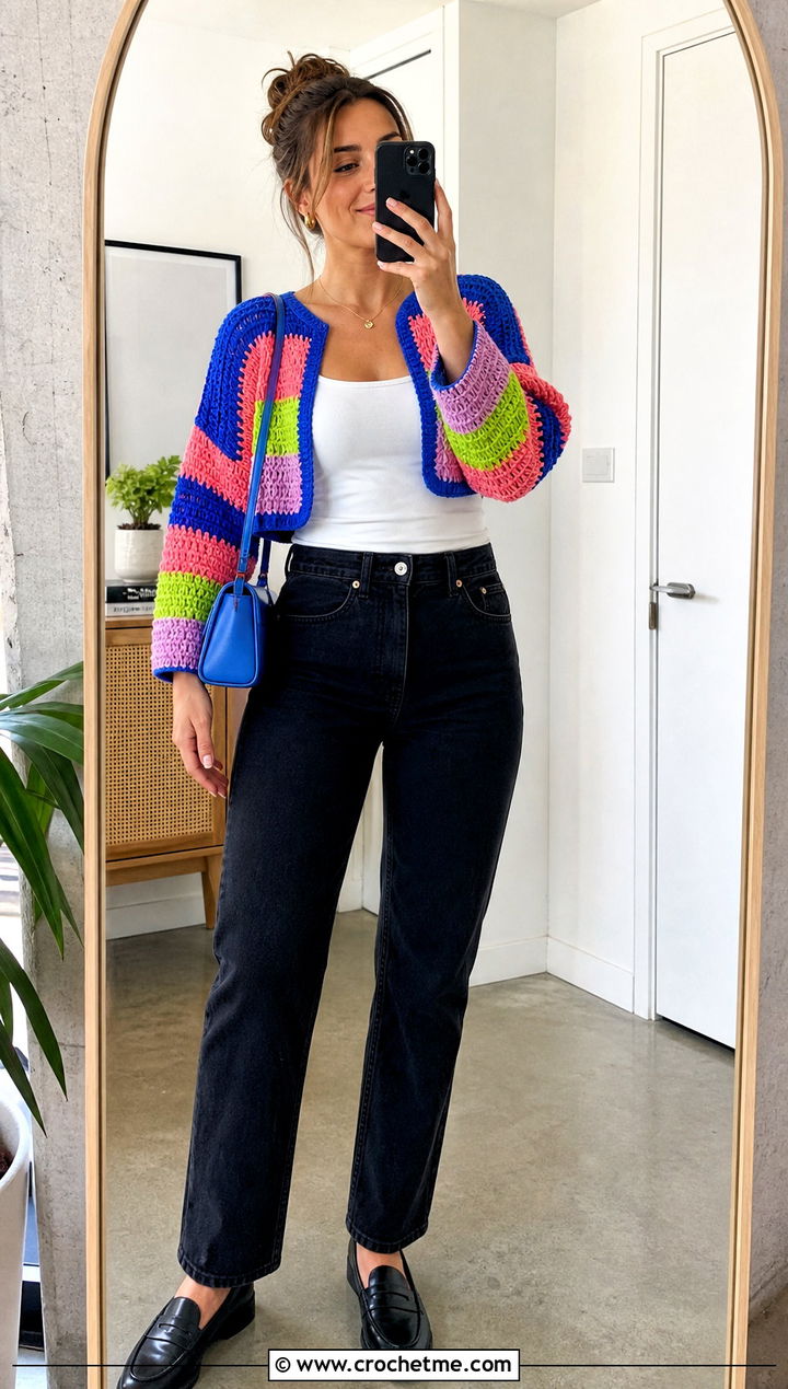 Striped Crochet Crop Shrug With Black Jeans - 25 Crochet Crop Shrug outfit ideas