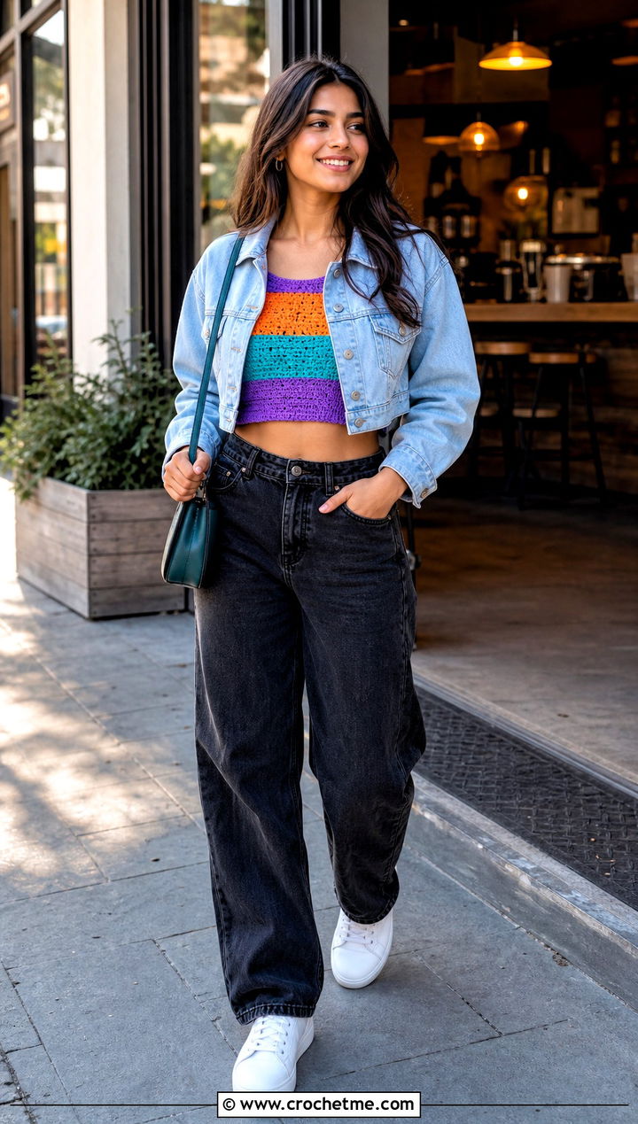 Striped Crochet Crop Top With Barrel Jeans - 20 Crochet For Crop Tops outfit ideas