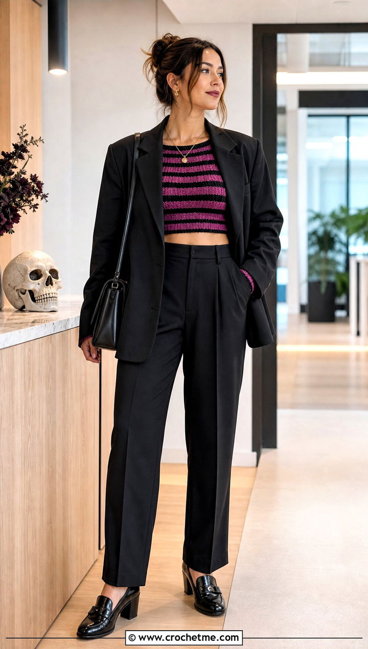 Striped Crochet Crop Top With Black Trousers - 20 halloween crochet crop top outfit ideas