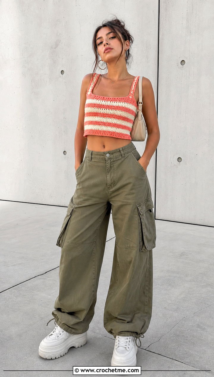 Striped Crochet Crop Top With Cargo Pants - 35 sabrina carpenter crochet top outfit ideas