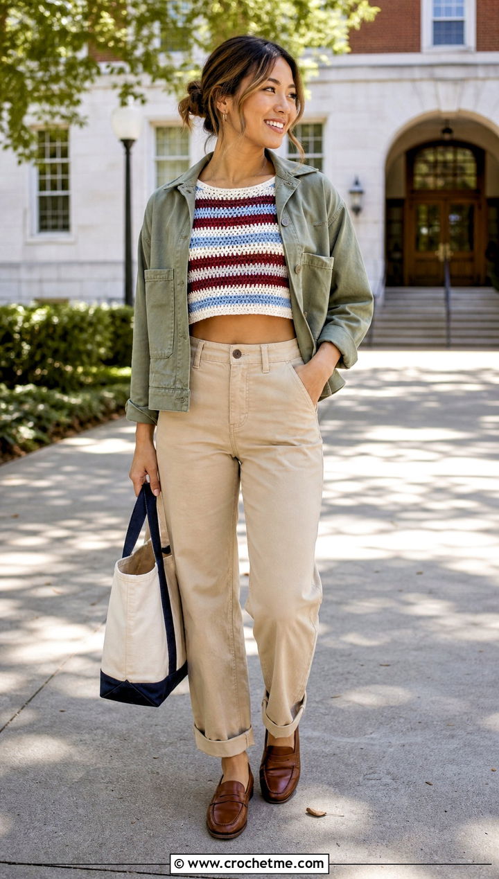 Striped Crochet Crop Top With Chino Pants - 25 Easy Crochet Crop Top outfit ideas