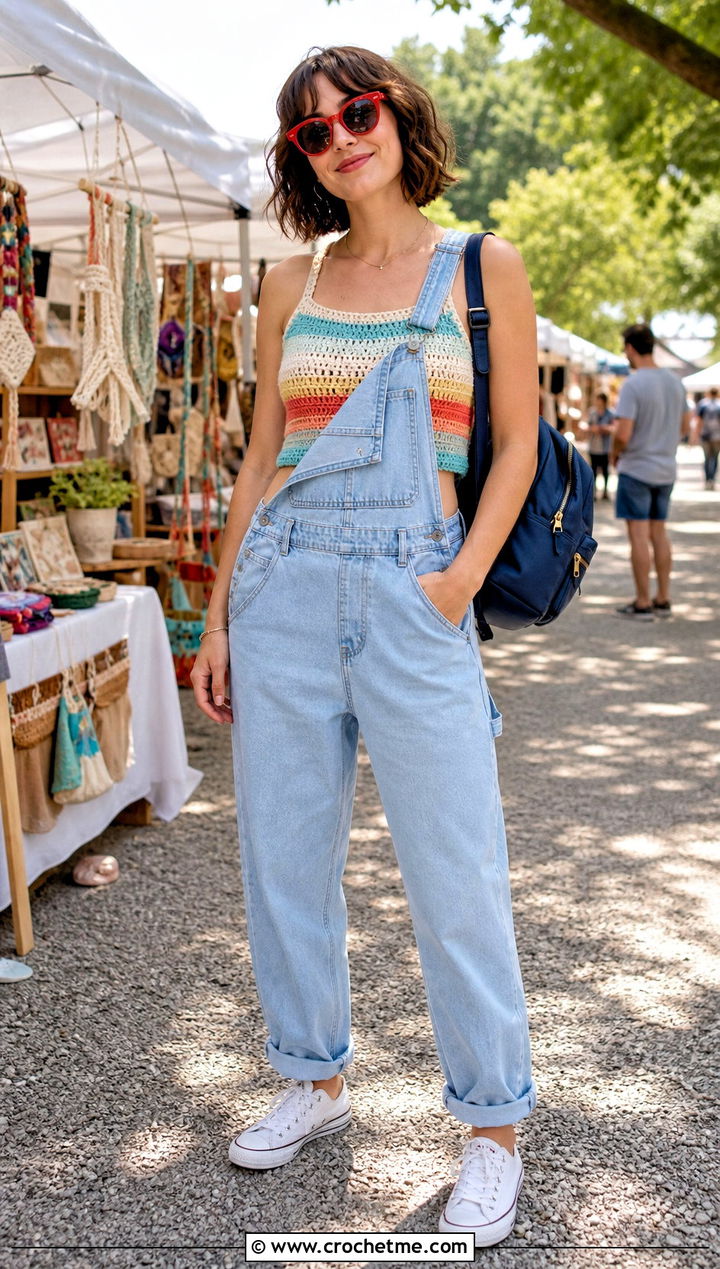 Striped Crochet Crop Top With Denim Overalls - 35 Summer Crochet Crop Top Outfit ideas