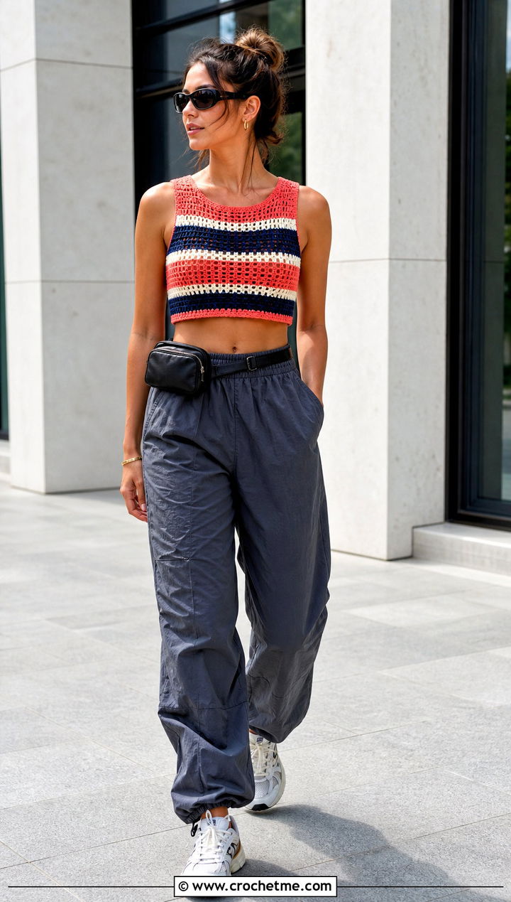 Striped Crochet Crop Top With Parachute Pants - 25 crocheting crop top outfit ideas