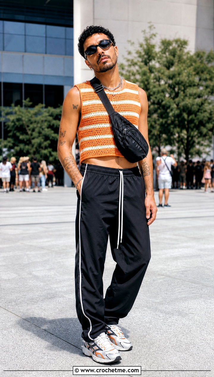 Striped Crochet Crop Top With Track Pants - 25 Men Crochet Crop Top outfit ideas