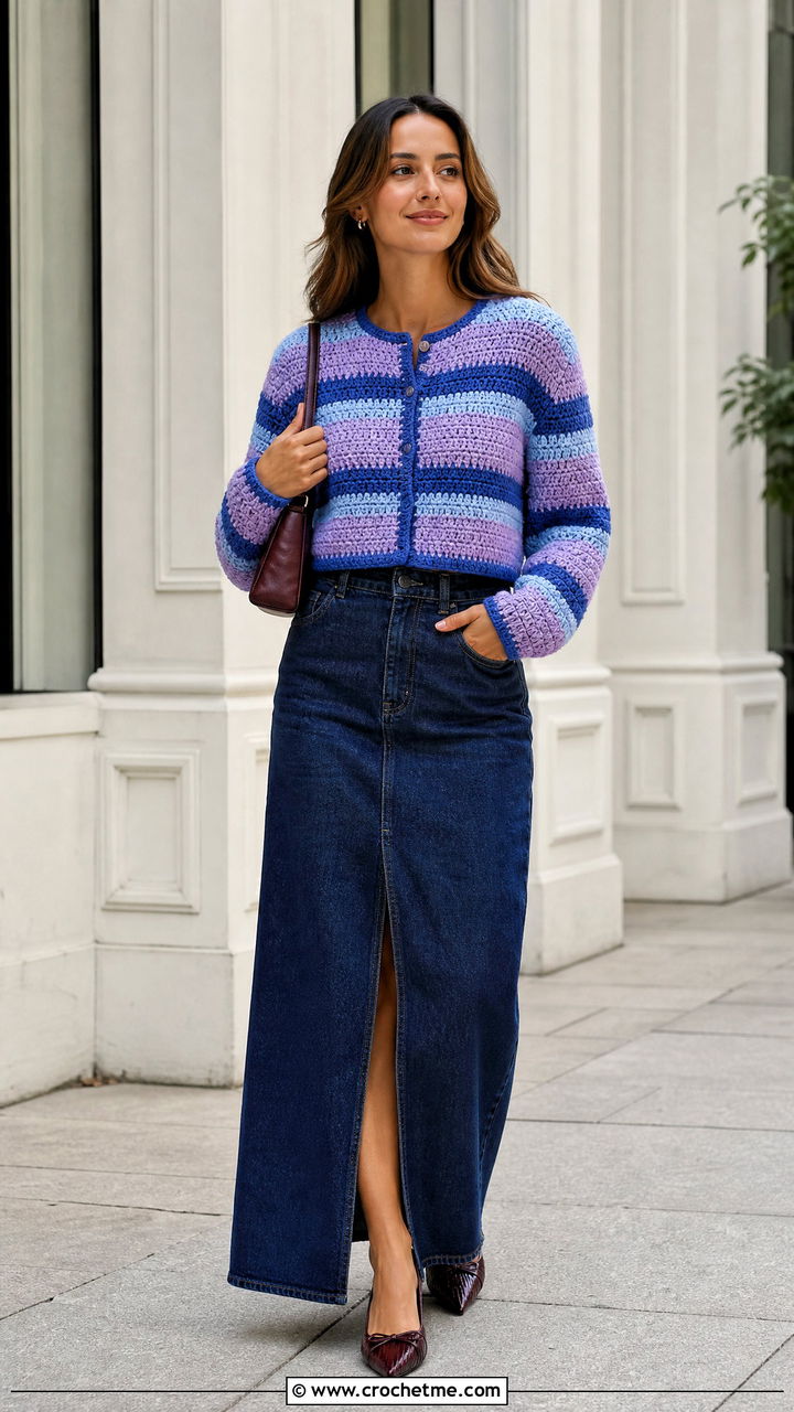 Striped Crochet Cropped Cardigan With Denim Maxi Skirt - 35 crochet cropped cardigan outfit ideas