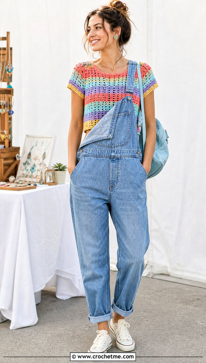 Striped Crochet Cropped Tee With Denim Overalls - 20 Crochet Cropped Top outfit ideas