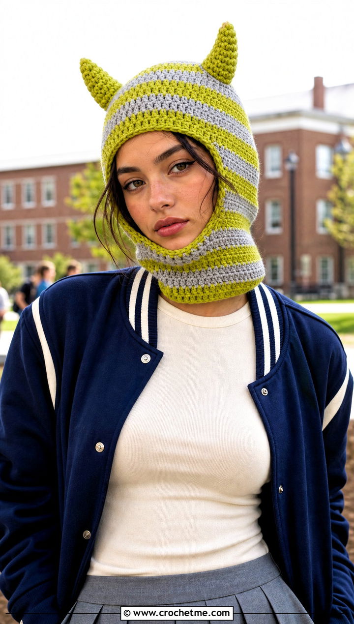 Striped Crochet Devil Horn Balaclava With Varsity Jacket - 20 crochet devil horn balaclava outfit ideas