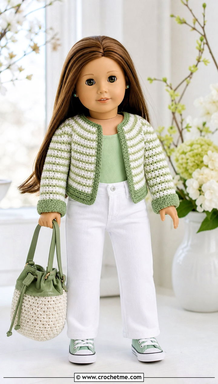 Striped Crochet Doll Jacket With White Jeans - 30 crochet doll jacket outfit ideas