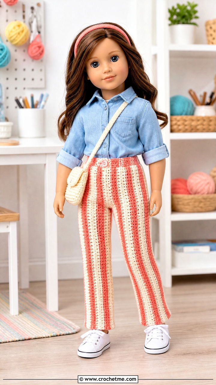 Striped Crochet Doll Pants With Denim Shirt - 35 crochet doll pants outfit ideas