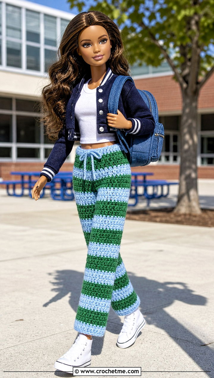 Striped Crochet Doll Pants With Varsity Jacket - 25 Crochet Pants For Dolls outfit ideas
