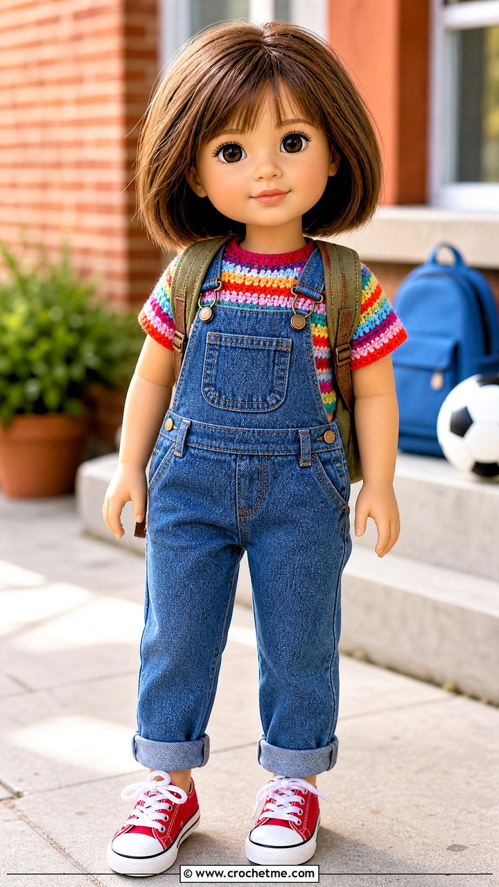 Striped Crochet Doll T Shirt With Denim Overalls - 35 crochet doll shirt outfit ideas