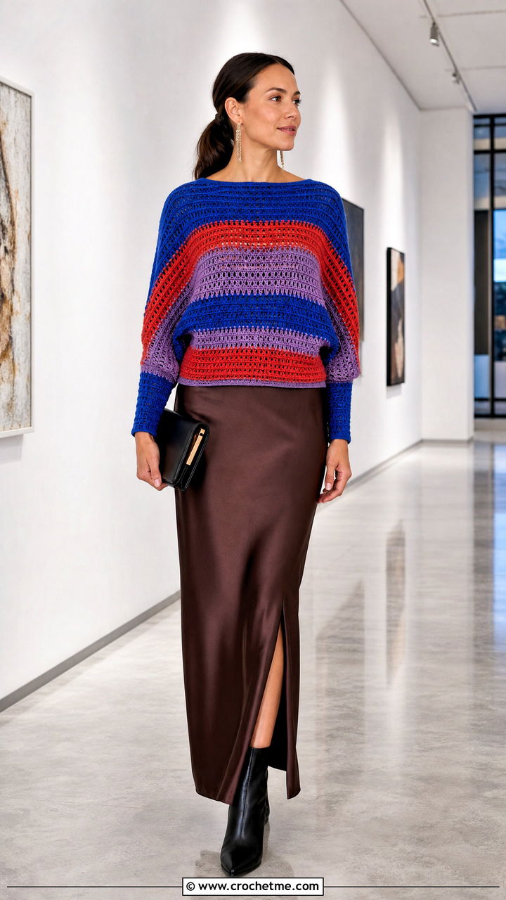 Striped Crochet Dolman Sleeve Top With Column Skirt - 35 striped crochet top outfit ideas