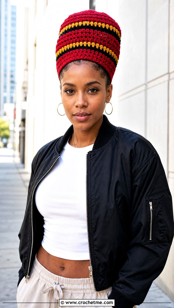 Striped Crochet Dreadlock Crown With Bomber Jacket And Parachute Pants - 25 Crochet Dreadlock Hat outfit ideas