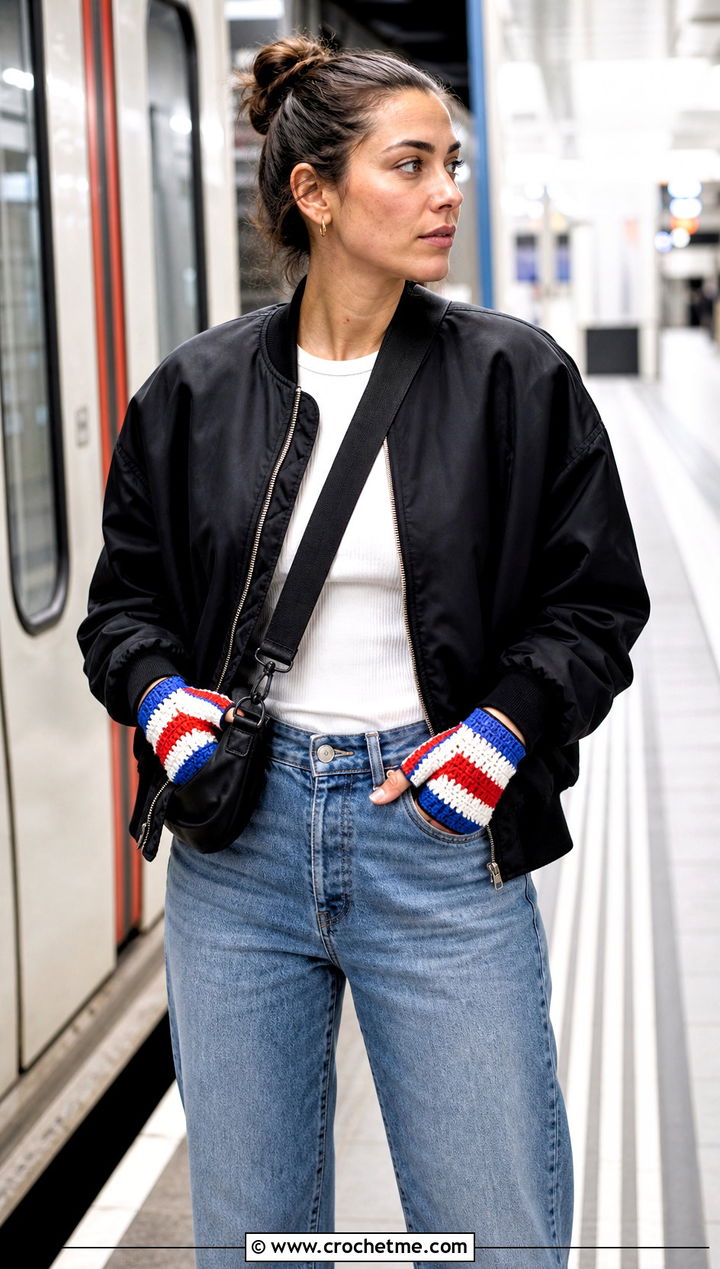 Striped Crochet Driving Gloves With Bomber Jacket - 25 Crochet Driving Gloves outfit ideas