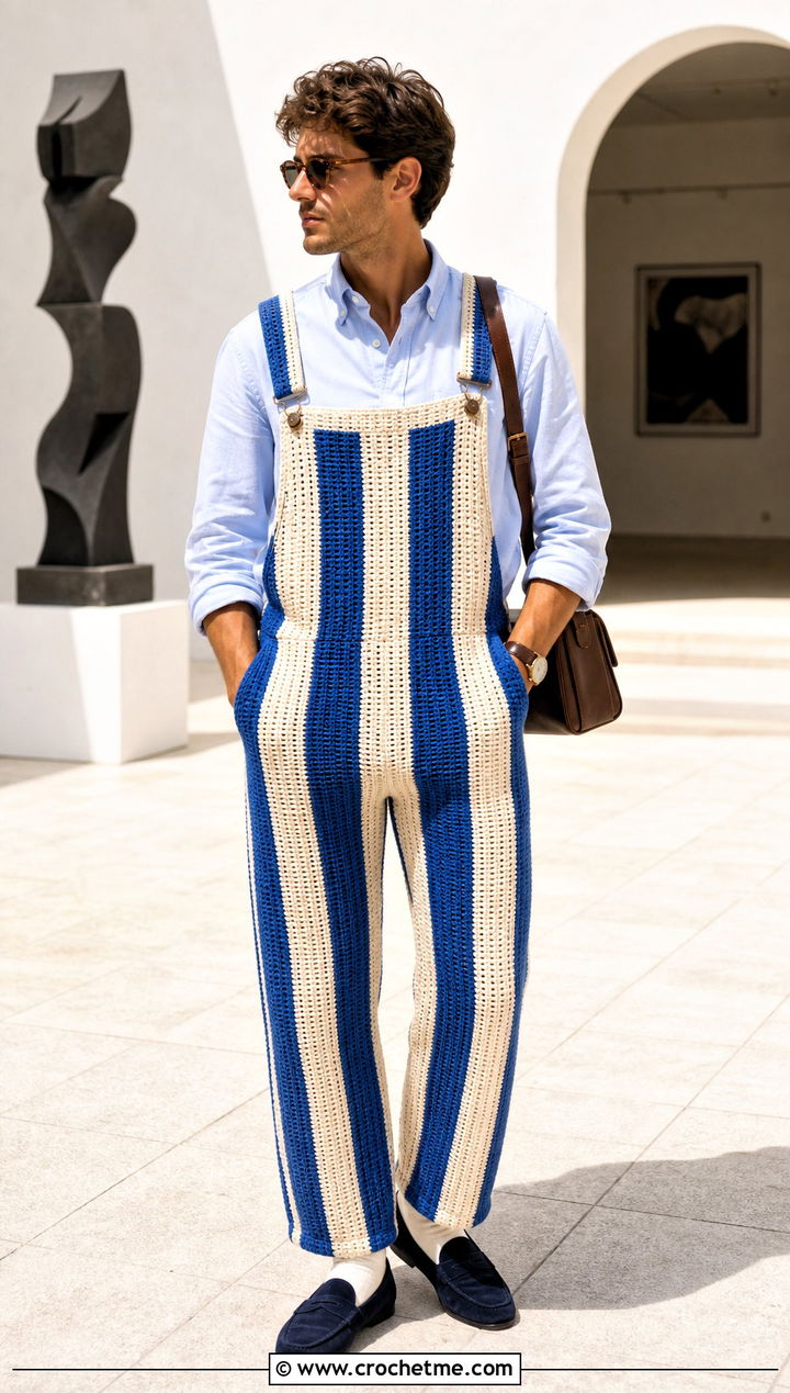 Striped Crochet Dungarees With Oxford Shirt - 15 crochet overalls men outfit ideas