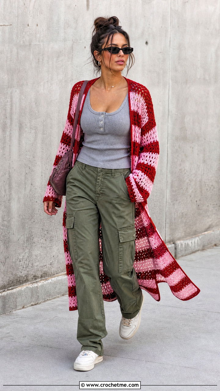 Striped Crochet Duster Cardigan With Cargo Pants - 35 crochet duster cardigan outfit ideas