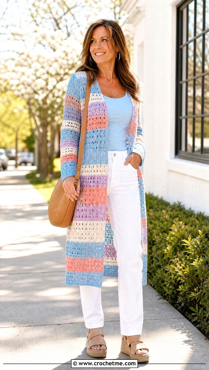 Striped Crochet Duster Cardigan With White Jeans - 30 crochet long cardigan sweater coats outfit ideas