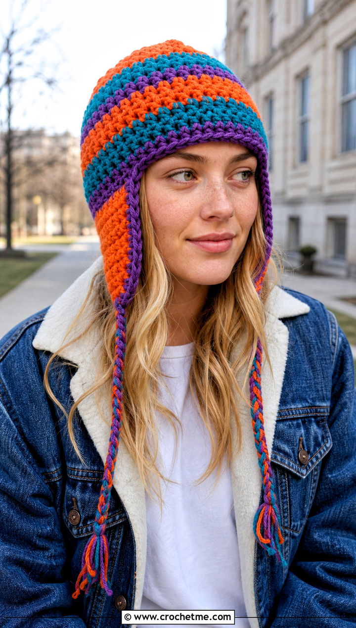 Striped Crochet Ear Flap Hat With Denim Jacket - 30 crochet adult ear flap hat outfit ideas