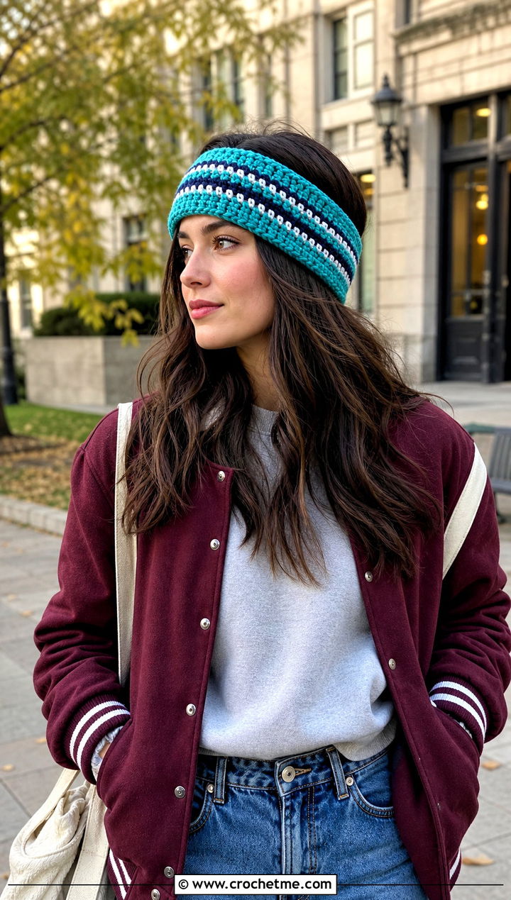 Striped Crochet Ear Warmer With Varsity Jacket and Denim - 25 Simple Crochet Ear Warmer outfit ideas