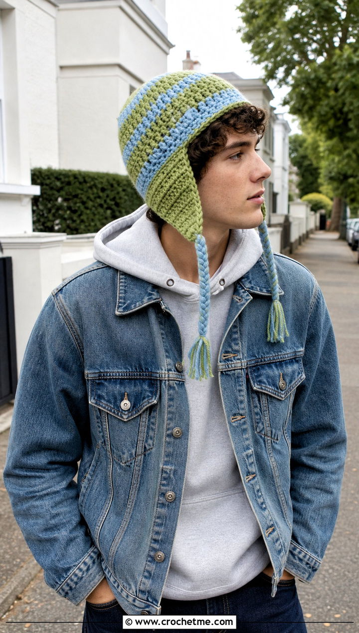 Striped Crochet Earflap Beanie With Denim Jacket - 15 Mens Crochet Hat With Earflaps outfit ideas