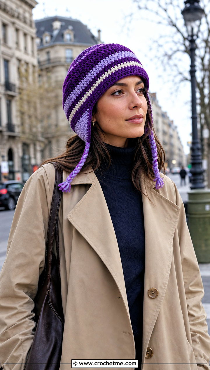 Striped Crochet Earflap Beanie With Trench Coat - 15 Crochet Beanie With Earflaps outfit ideas