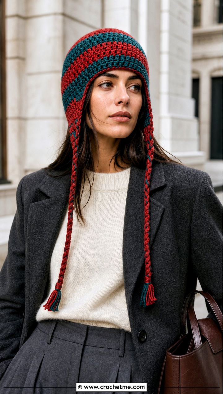Striped Crochet Earflap Beanie With Wool Coat - 30 crochet earflap beanie outfit ideas