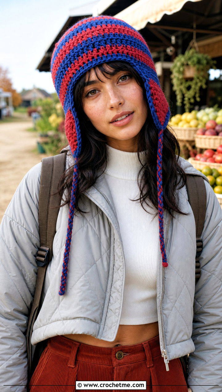 Striped Crochet Earflap Hat With Quilted Jacket - 25 striped crochet hat outfit ideas