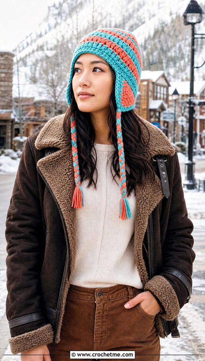 Striped Crochet Earflap Hat With Shearling Jacket - 15 crochet hats stripes outfit ideas