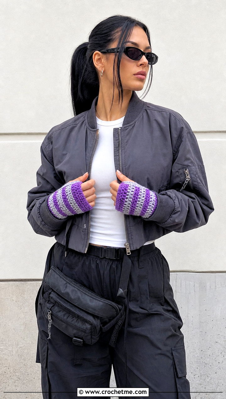 Striped Crochet Fingerless Arm Warmers With Bomber Jacket And Parachute Pants - 15 Crochet Fingerless Arm Warmers outfit ideas