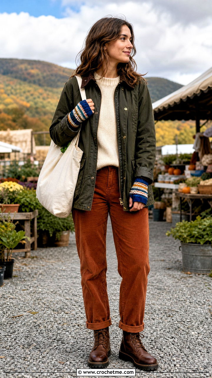 Striped Crochet Fingerless Gloves With Barn Jacket And Corduroy Pants - 35 crochet fingerless gloves outfit ideas