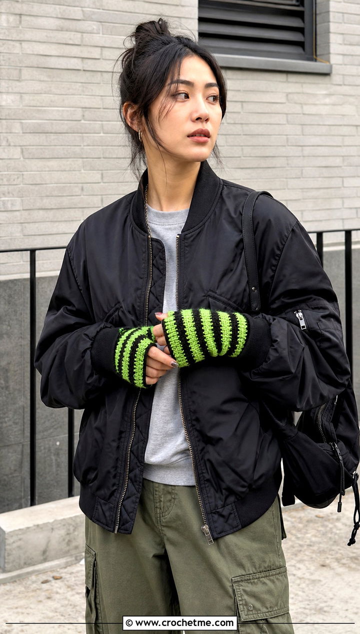 Striped Crochet Fingerless Gloves With Bomber Jacket And Cargo Pants - 30 crocheted fingerless gloves outfit ideas
