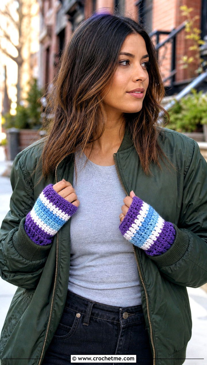 Striped Crochet Fingerless Gloves With Bomber Jacket - 25 crochet glove outfit ideas