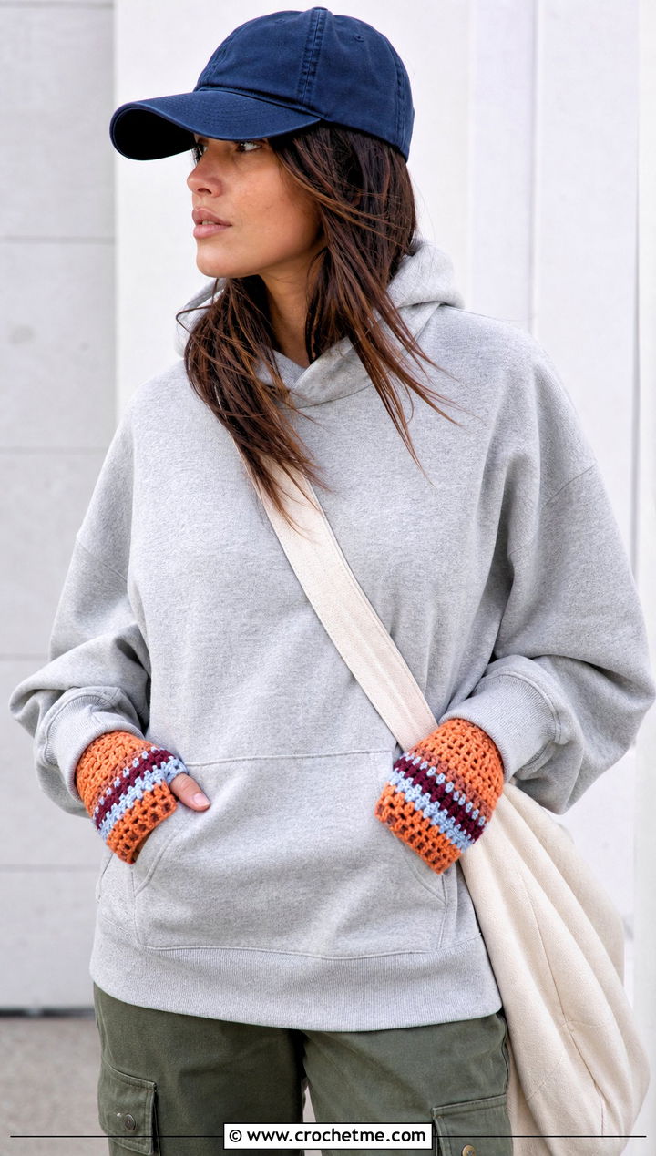 Striped Crochet Fingerless Gloves With Hoodie And Cargo Pants - 15 crochet finger gloves outfit ideas