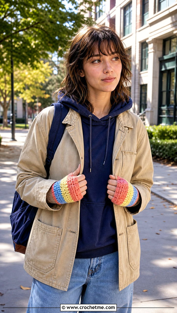 Striped Crochet Fingerless Gloves With Hoodie And Jeans - 25 Crochet For Fingerless Gloves outfit ideas